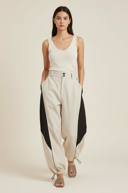 Pantalon Baggy Beige Noir Ample Bicolore Décontracté - Lin - vue 3