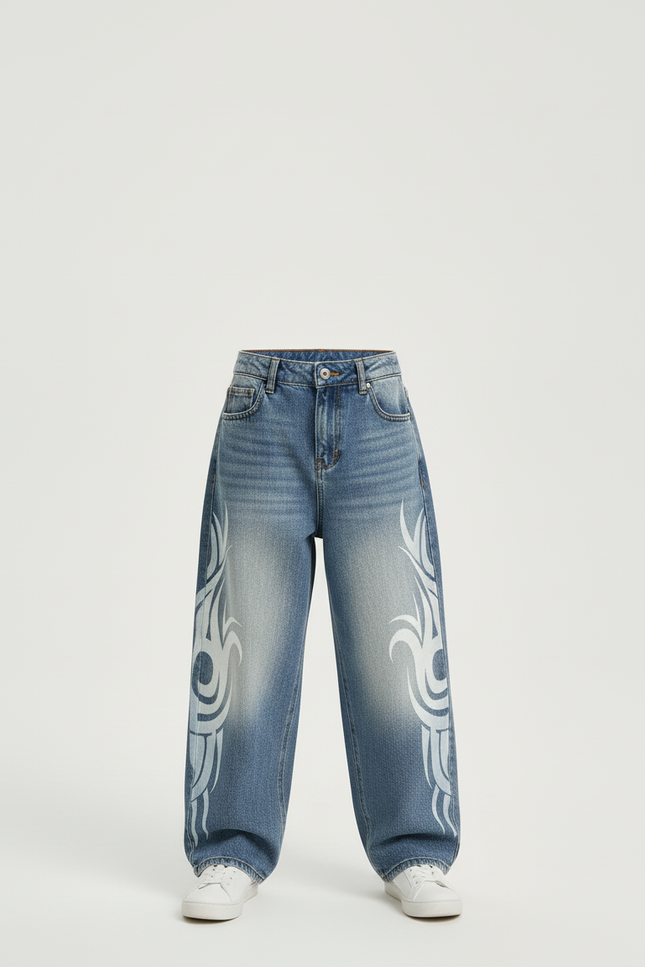 Pantalon Baggy Jean Ample Imprimé Tribal Vintage - Bleu - vue 3