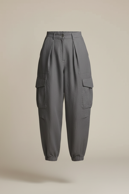 Pantalon Baggy Gris Lin Plissé Cargo Femme - vue 3