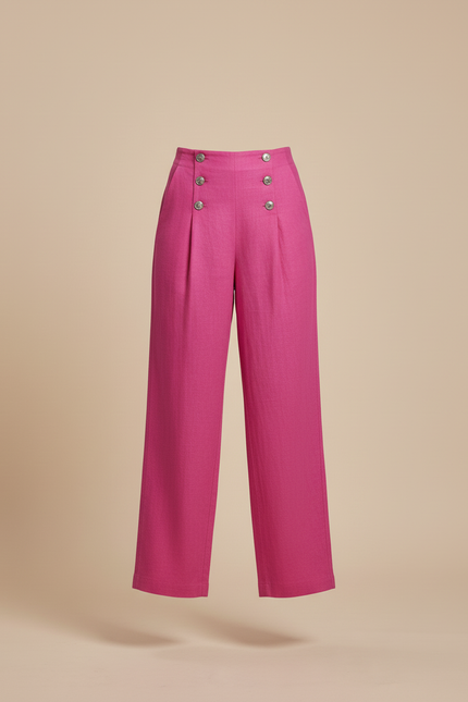 Pantalon Baggy Rose Fuschia Ample Boutons Fluide - Lin - vue 3