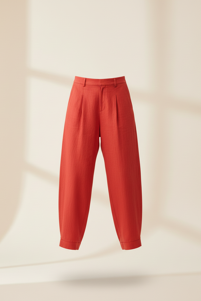 Pantalon Baggy Rouge Lin Ample Plissé Décontracté - vue 3
