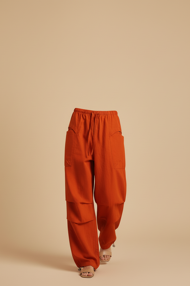 Pantalon Baggy Orange Ample Fluide Cordon Décontracté - Lin - vue 3