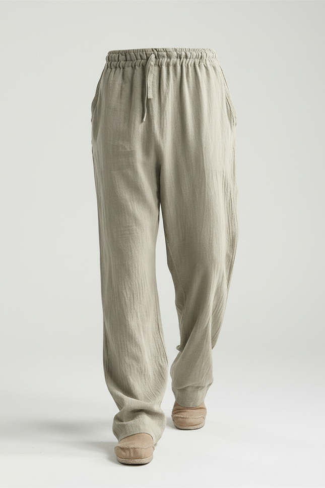 Pantalon Baggy Lin Coton Uni Décontracté Homme - Kaki - vue 3