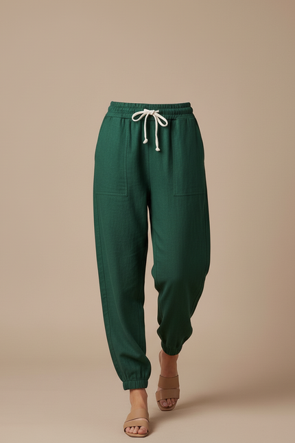 Pantalon Baggy Vert Lin Cordon Ample Décontracté Femme - vue 3