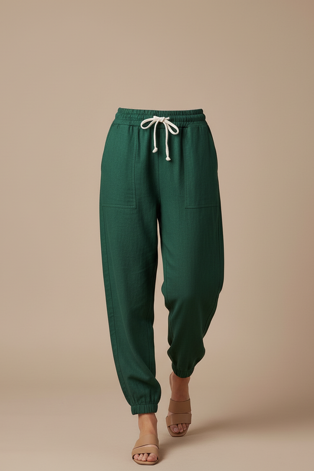 Pantalon Baggy Vert Lin Cordon Ample Décontracté Femme - vue 3