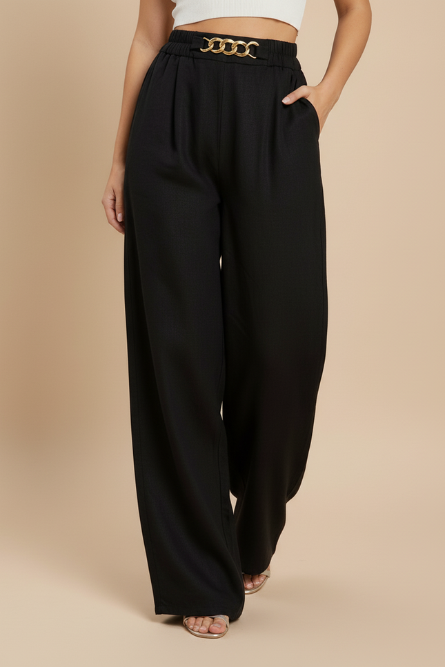 Pantalon Baggy Noir Ample Chaîne Dorée Fluide Femme - Viscose - vue 3
