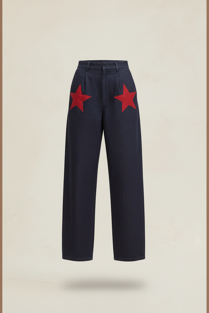 Pantalon Baggy Bleu Jean Étoiles Rouges Ample Femme - Marine - vue 3