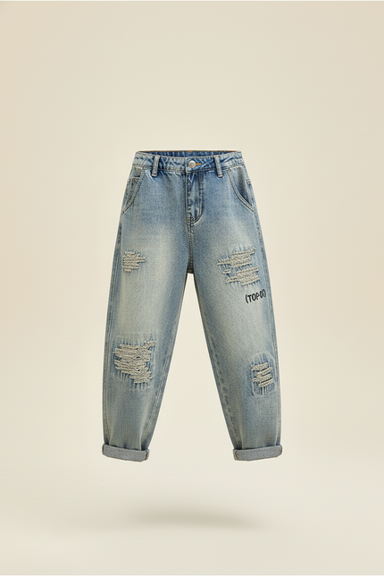 Pantalon Baggy Jean Bleu Délavé Déchiré Ample Enfant - vue 3