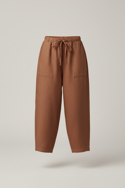 Pantalon Baggy Marron Lin Ample Décontracté Cordon - vue 3
