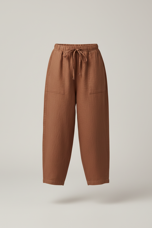 Pantalon Baggy Marron Lin Ample Décontracté Cordon - vue 3