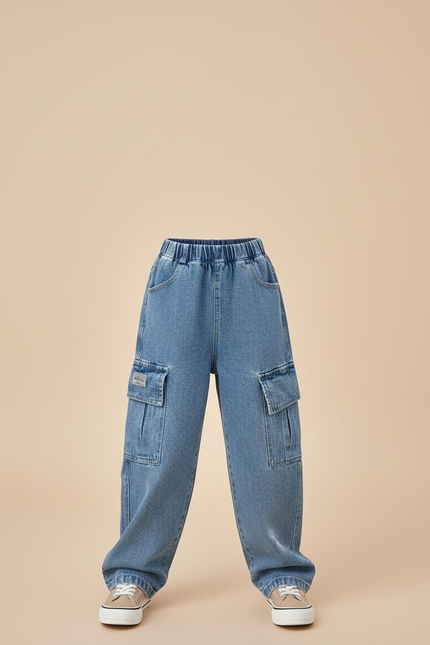 Pantalon Baggy Denim Bleu Ample Cargo Enfant - Jean - vue 3