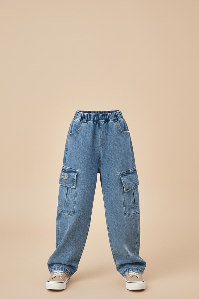 Pantalon Baggy Denim Bleu Ample Cargo Enfant - Jean - vue 3