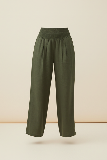 Pantalon Baggy Vert Militaire Ample Fluide Smocké - Kaki Lin - vue 3