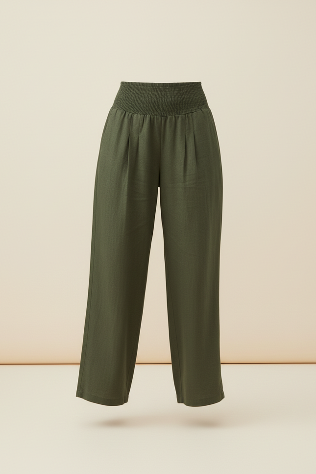 Pantalon Baggy Vert Militaire Ample Fluide Smocké - Kaki Lin - vue 3