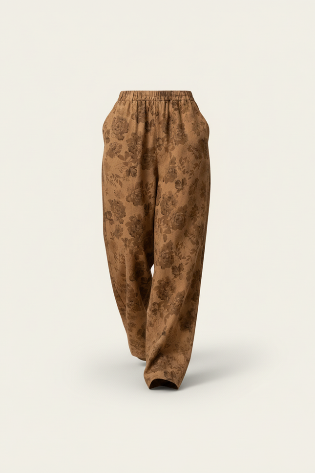 Pantalon Baggy Marron Imprimé Floral Ample Décontracté Femme - Lin - vue 3
