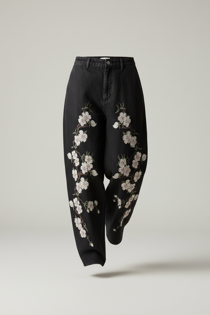 Pantalon Baggy Noir Brodé Fleurs Ample Décontracté - Jean - vue 3