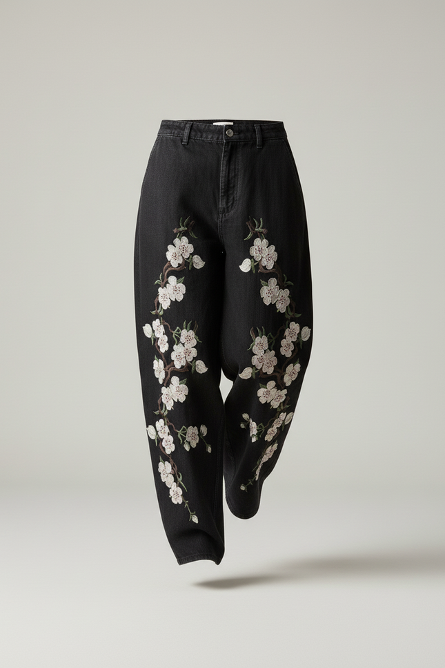 Pantalon Baggy Noir Brodé Fleurs Ample Décontracté - Jean - vue 3