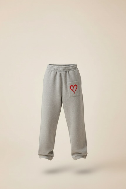 Pantalon Baggy Gris Coton Cœur Rouge Enfant Décontracté - Molleton - vue 3