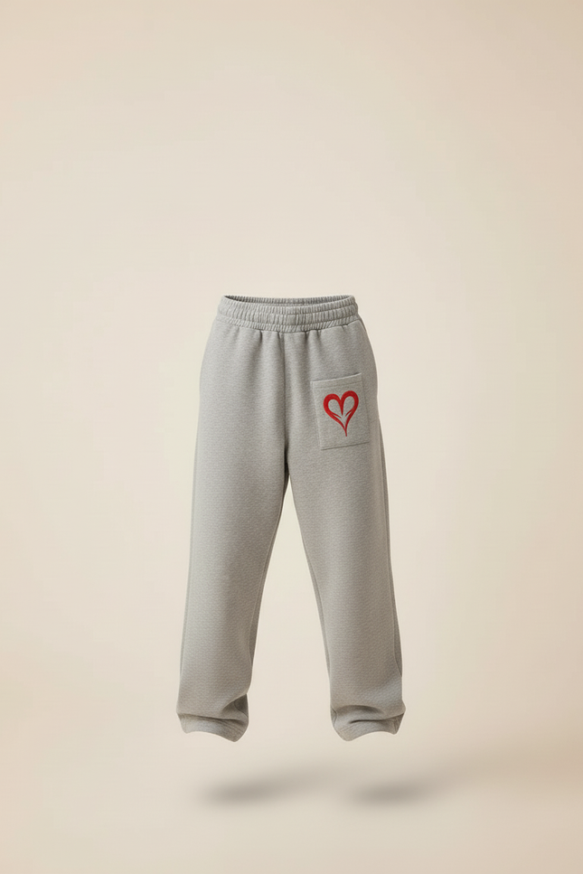 Pantalon Baggy Gris Coton Cœur Rouge Enfant Décontracté - Molleton - vue 3