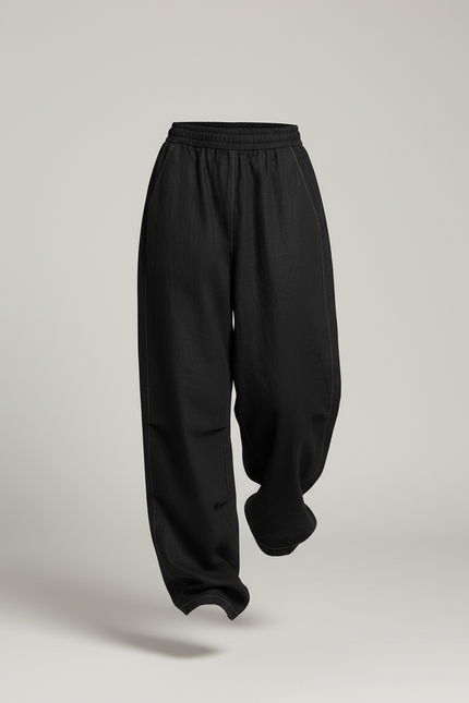Pantalon Baggy Noir Ample Fluide Élastique Décontracté Femme - Viscose - vue 3