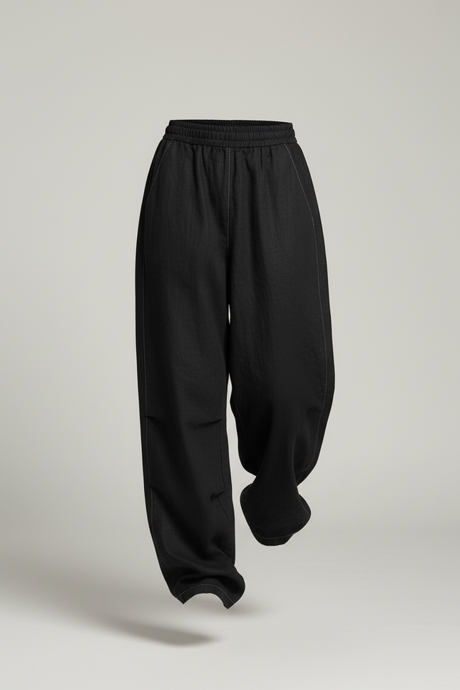 Pantalon Baggy Noir Ample Fluide Élastique Décontracté Femme - Viscose - vue 3