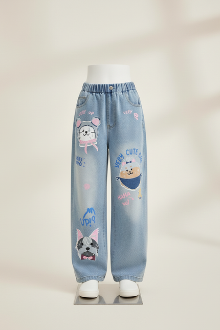 Pantalon Baggy Denim Bleu Ample Motifs Animaux Fille - Jean - vue 3