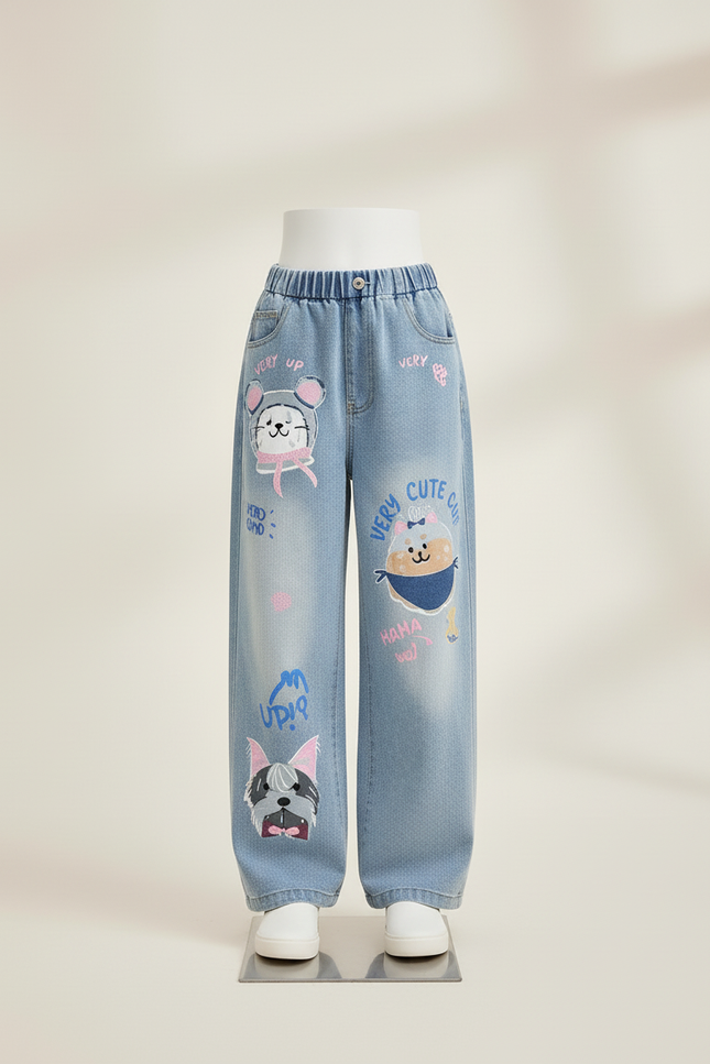 Pantalon Baggy Denim Bleu Ample Motifs Animaux Fille - Jean - vue 3