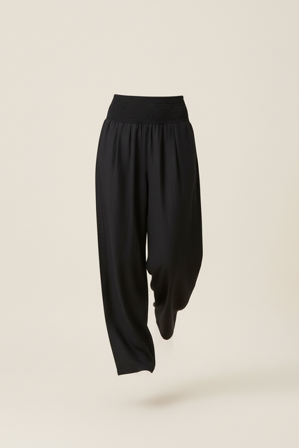 Pantalon Baggy Noir Ample Fluide Smocké Décontracté - Lin - vue 3