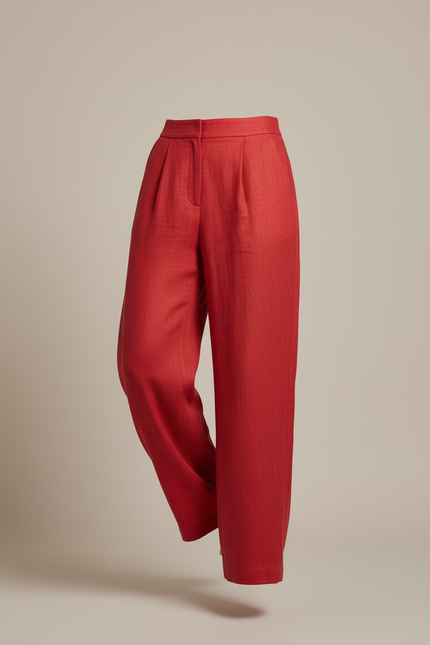 Pantalon Baggy Rouge Lin Taille Haute Plissé Fluide - vue 3