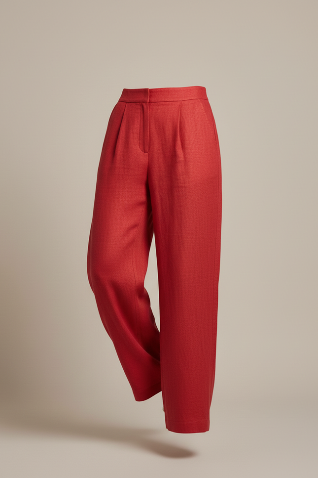 Pantalon Baggy Rouge Lin Taille Haute Plissé Fluide - vue 3