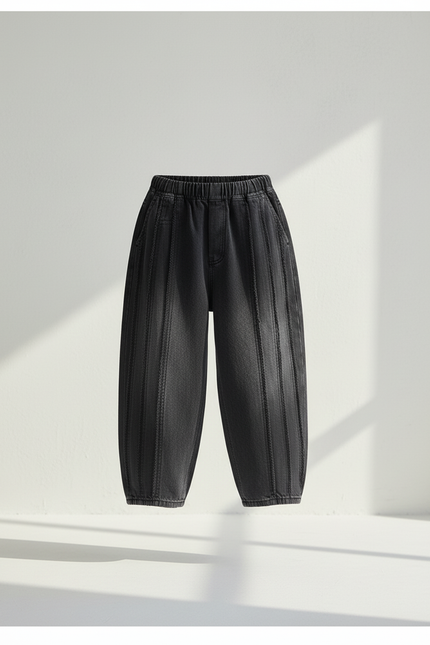 Pantalon Baggy Noir Denim Ample Côtelé Élastique Garçon - Jean - vue 3