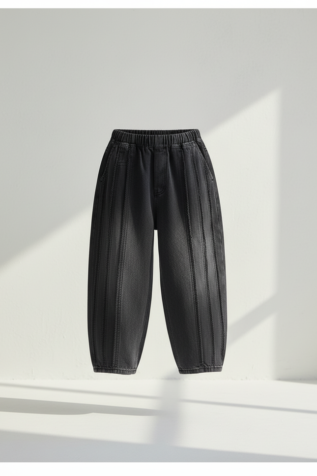 Pantalon Baggy Noir Denim Ample Côtelé Élastique Garçon - Jean - vue 3