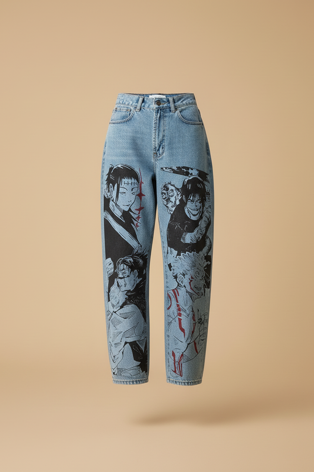 Pantalon Baggy Denim Clair Ample Imprimé Manga Femme - Bleu Jean - vue 3