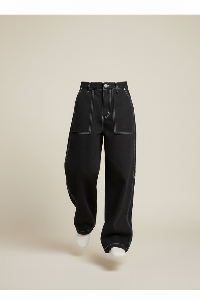 Pantalon Baggy Noir Brodé Ample Décontracté Enfant - Jean - vue 3