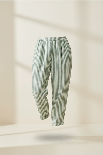 Pantalon Baggy Rayé Vert Ample Décontracté Fluide - Lin - vue 3