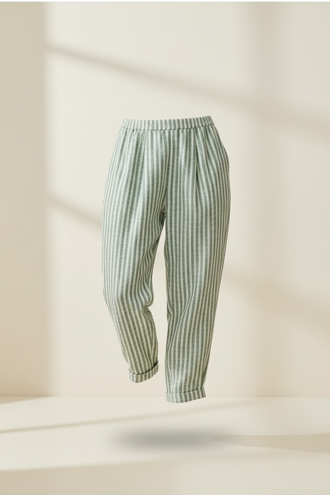 Pantalon Baggy Rayé Vert Ample Décontracté Fluide - Lin - vue 3