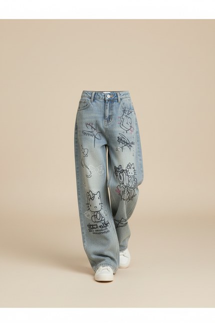 Pantalon Baggy Jean Bleu Délavé Imprimé Hello Kitty Ample Fille - vue 3
