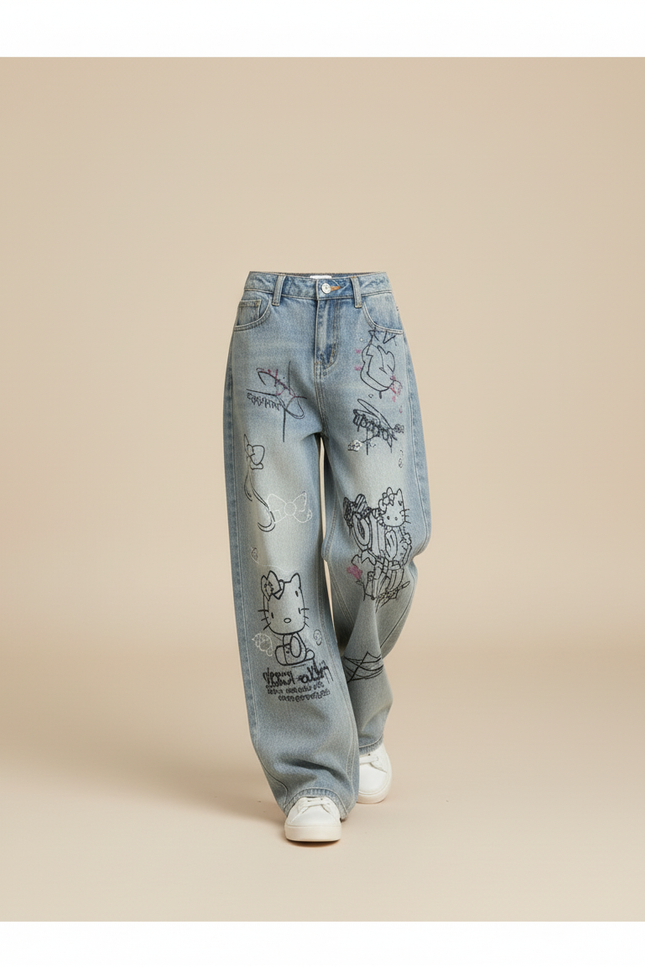 Pantalon Baggy Jean Bleu Délavé Imprimé Hello Kitty Ample Fille - vue 3