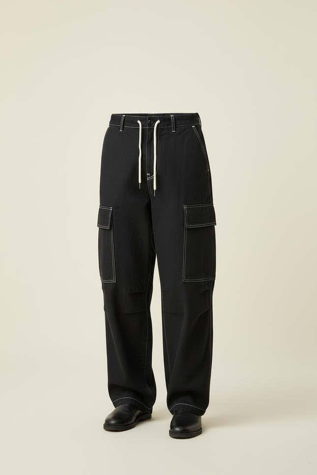 Pantalon Baggy Noir Coton Ample Cargo Couture - Toile - vue 3