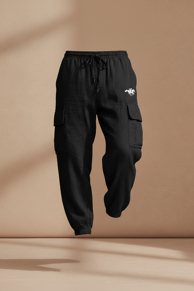 Pantalon Baggy Noir Lin Cargo Ample Cordon Homme - vue 3