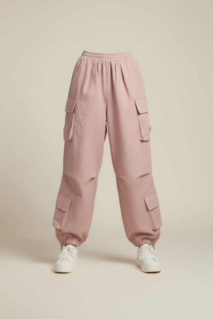 Pantalon Baggy Rose Cargo Ample Taille Haute - Toile - vue 3