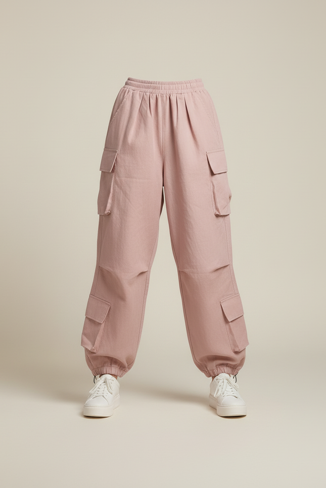 Pantalon Baggy Rose Cargo Ample Taille Haute - Toile - vue 3