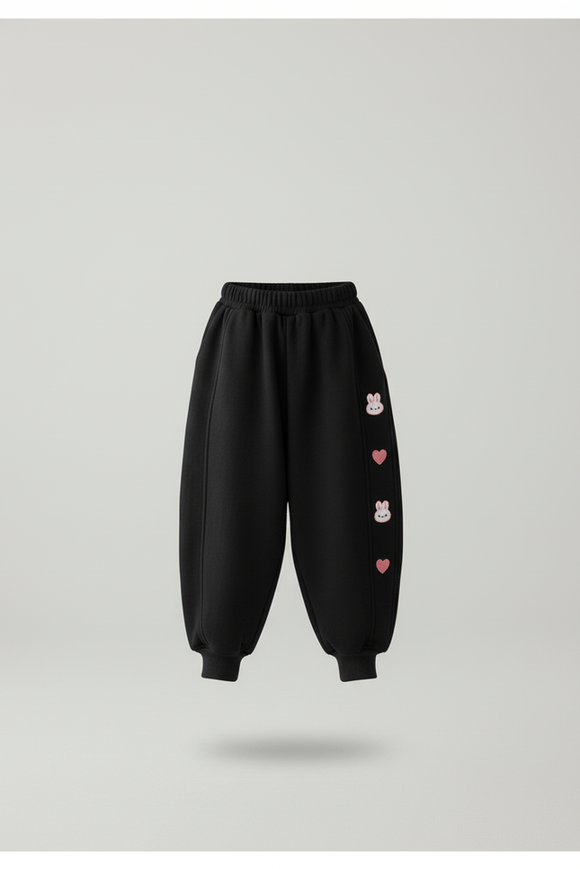 Pantalon Baggy Noir Ample Velours Lapin Cœurs Fille - vue 3