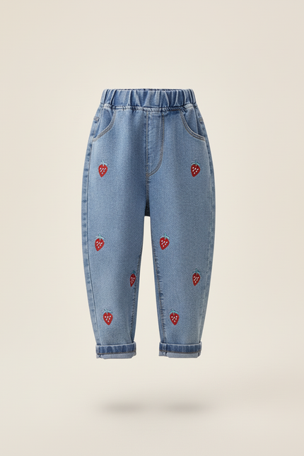 Pantalon Baggy Jean Bleu Brodé Fraises Fille - vue 3