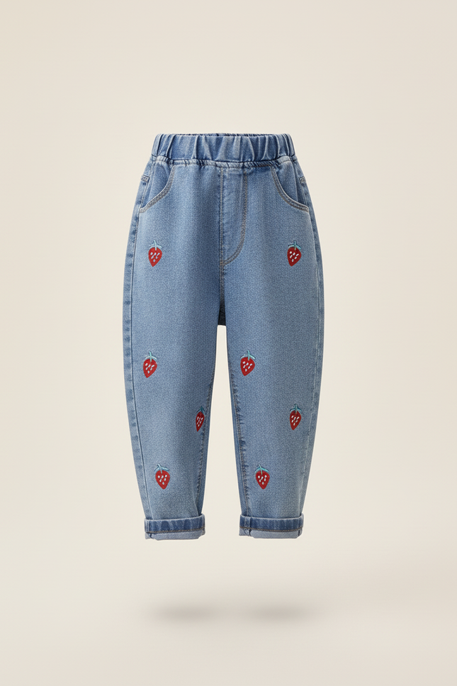 Pantalon Baggy Jean Bleu Brodé Fraises Fille - vue 3