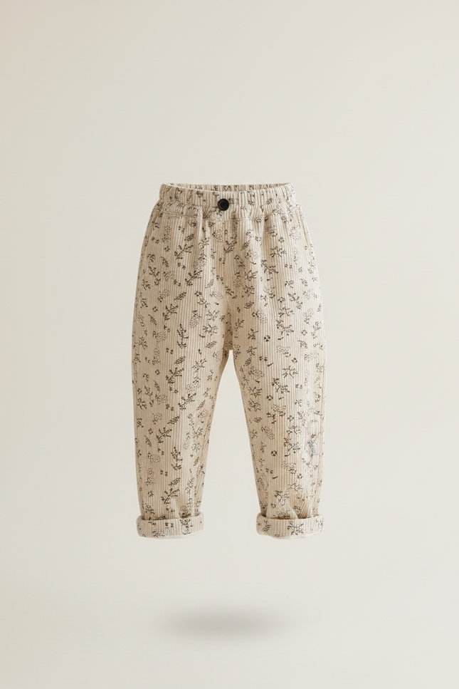 Pantalon Baggy Crème Côtelé Imprimé Floral Ample Enfant - Beige Cordé - vue 3