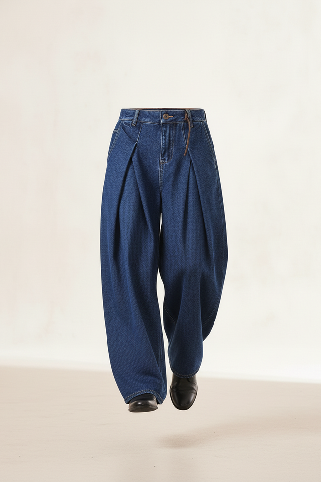 Pantalon Baggy Denim Bleu Plissé Ample Garçon - Jean - vue 3