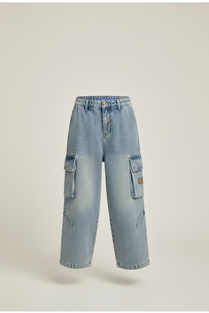 Pantalon Baggy Bleu Délavé Cargo Ample Enfant Streetwear - Jean - vue 3