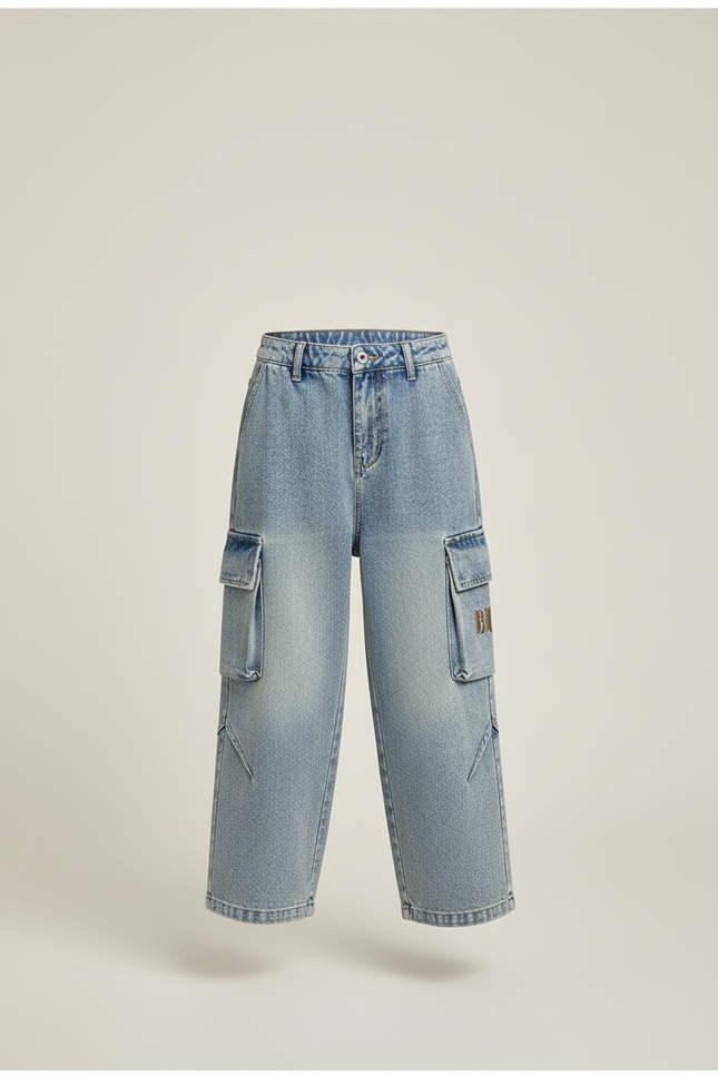 Pantalon Baggy Bleu Délavé Cargo Ample Enfant Streetwear - Jean - vue 3