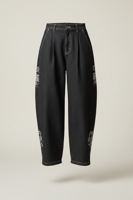 Pantalon Baggy Noir Brodé Ample Denim Streetwear Femme - Jean - vue 3